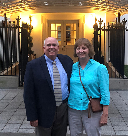 John Glenn College of Public Affairs supporters Dan, left, and Chris Richards,  pose at the entrance to the West Wing of the White House.   