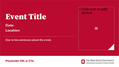 the words "event title, date, location," and "one to two sentences about the event" on a scarlet background. Beneath the scarlet box are the words "placeholder CTA or URl" and the Glenn College logo.