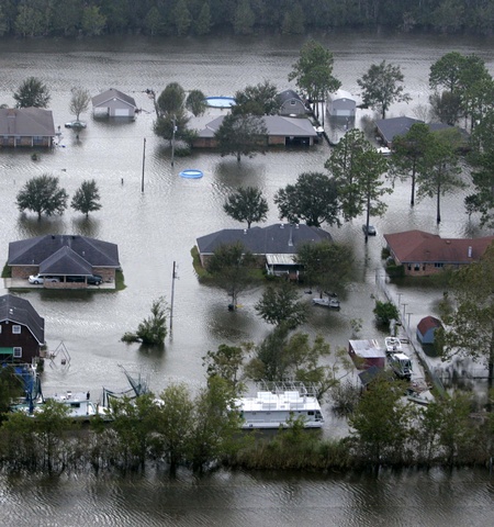 Aerial view of flooded houses, properties in Dularge, Louisiana, on Sept. 24, 2005, from Hurricane Rita