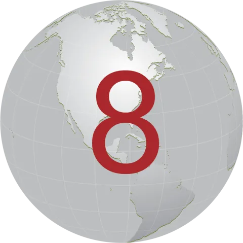 gray globe with red number 8 in center