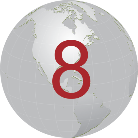 gray globe with red number 8 in center