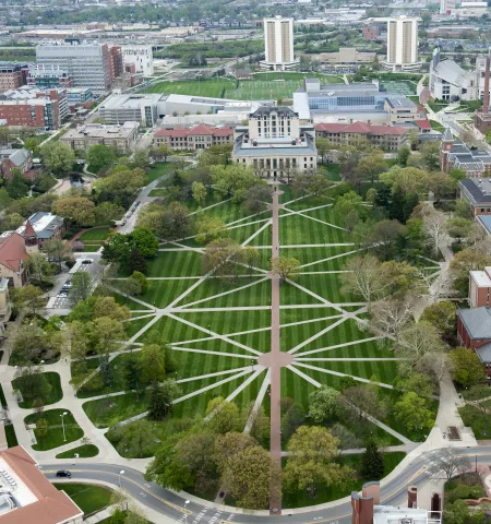 aerial view of Ohio State University Oval with Thompson Library at the top