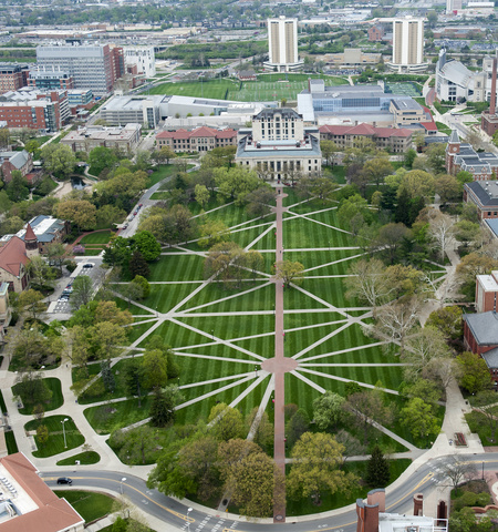 aerial view of Ohio State University Oval with Thompson Library at the top