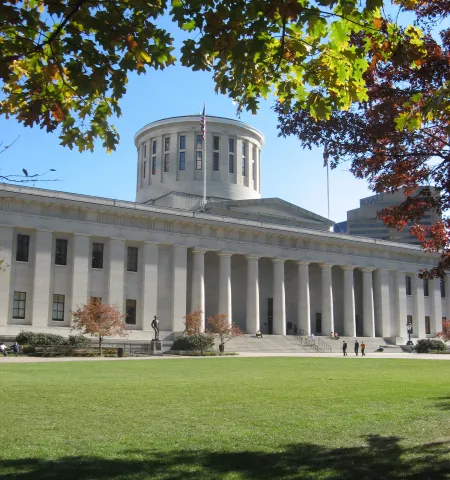 front of the Ohio Statehouse on a clear fall day