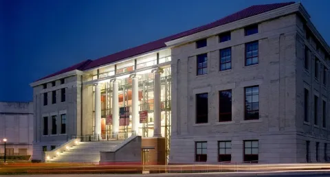 Page Hall, home of the Glenn College, lit up at night