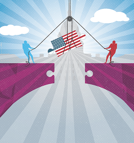 illustration of two people, one blue and one red, lowering a puzzle piece of the American flag into a purple bridge to fill the gap