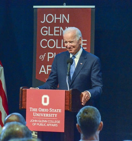 Joe Biden receives an award from Ohio State's John Glenn College of Public Affairs