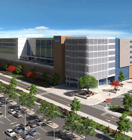 an artist’s rendering of a corporate building and plant with a parking lot in the foreground and blue sky in the background.