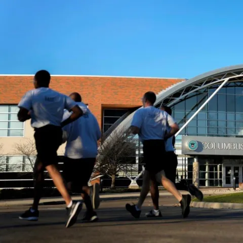 Incoming police officers training outside the Columbus Police Department