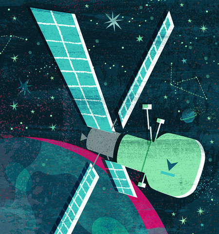 an illustration of a space lab flying in space above Earth in green, aqua and red colors
