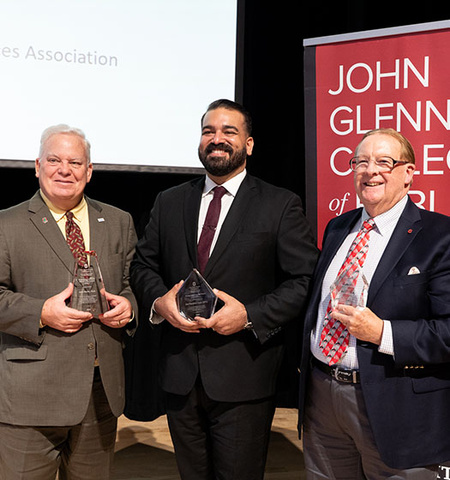 John Glenn College of Public Affairs 2023 Alumni Award Winners, from left to right: John Bartle, PhD ’90; José Morales-Crispin, MPAL ’22; and Mike Howard, MA ’83 