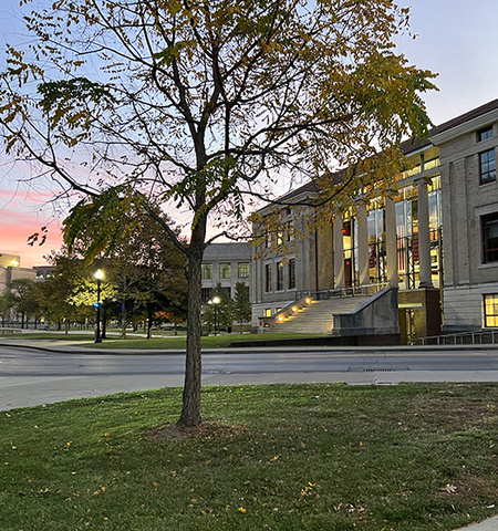 the outside of Page Hall, the home of Ohio State’s John Glenn College of Public Affairs, at sunrise 