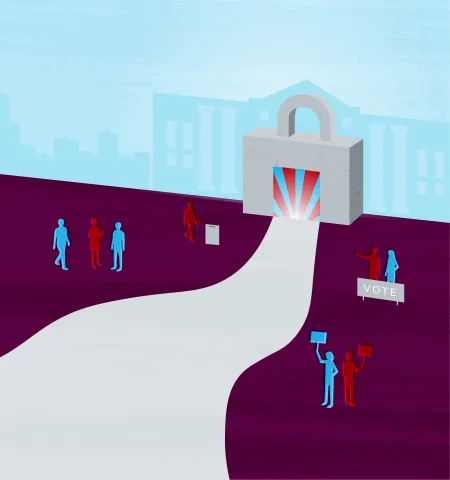 An illustration that includes a road leading to a lock in front of a government building; along the road are people engaging in the functions of the election process