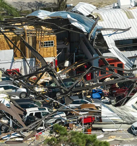 Twisted metal and the remains of an industrial building cover cars after Hurricane Ian in 2022.