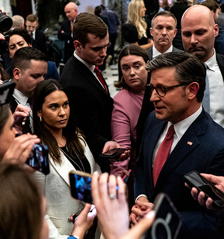 A gaggle of news media surrounds Glenn College graduate Athina Lawson and U.S. House Speaker Mike Johnson in National Statuary Hall in the U.S. Capitol building following the State of the Union Address March 7. (Photo credit: Kent Nishimura)