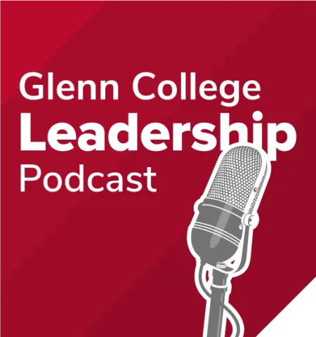 The words Glenn College Leadership Podcast and a gray microphone on a scarlet gradient background.