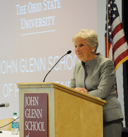 Jo Ann Davidson speaking at a podium as she delivers keynote address at the 2013 Glenn College Leadership Forum.