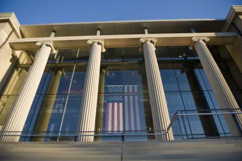 picture of front of page hall with columns