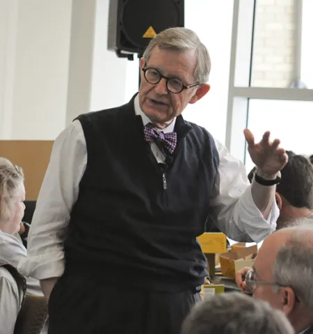 Former Ohio State President E. Gordon Gee leads a discussion on higher education with faculty and students in Page Hall at Ohio State’s Glenn College in 2014.