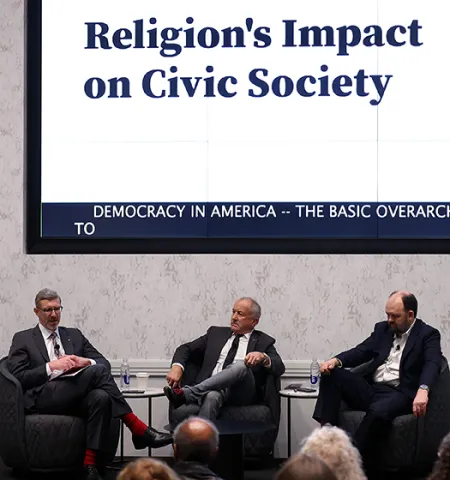 (from left) Ohio State University's John Glenn College of Public Affairs Dean Trevor Brown, Skeptic magazine founder Michael Shermer and New York Times columnist and author Ross Douthat have a discussion in front of an audience